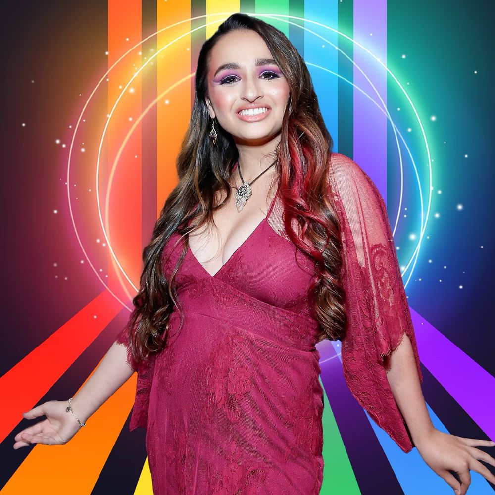 Jazz Jennings in front of rainbow halo