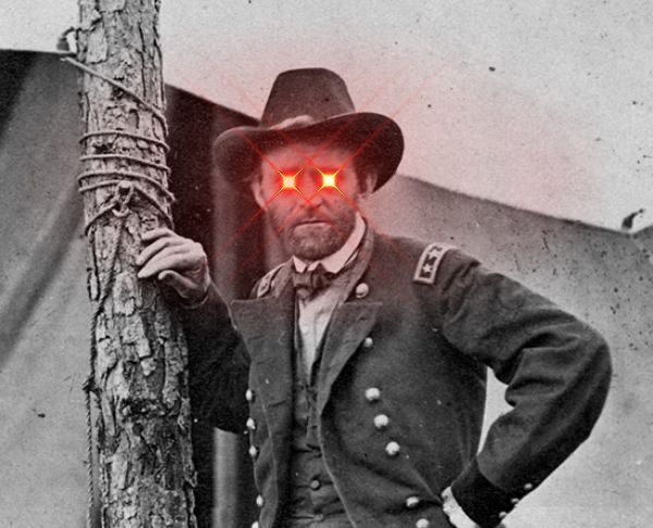A young Ulysses Grant, leaning against a tree, with the laser eyes meme superimposed over his eyes.