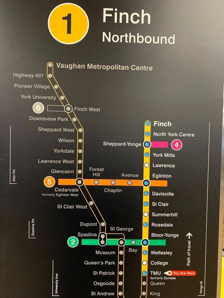 Subway map of Toronto.
Features:
- The (unopened) Finch West LRT
- The (unopened) Eglinton Crosstown LRT
- New Cedarvale station rename
- New TMU station rename