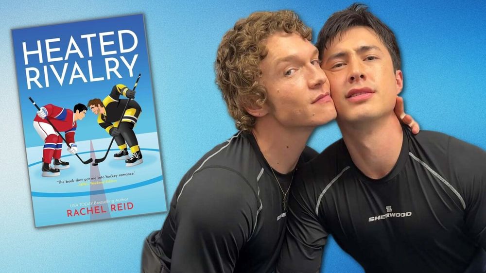 The hockey romance book “Heated Rivalry” by Rachel Reid.

Also the actors for Shane Hollander (Canadian) and Ilya Rozanov (Russian) embracing. 