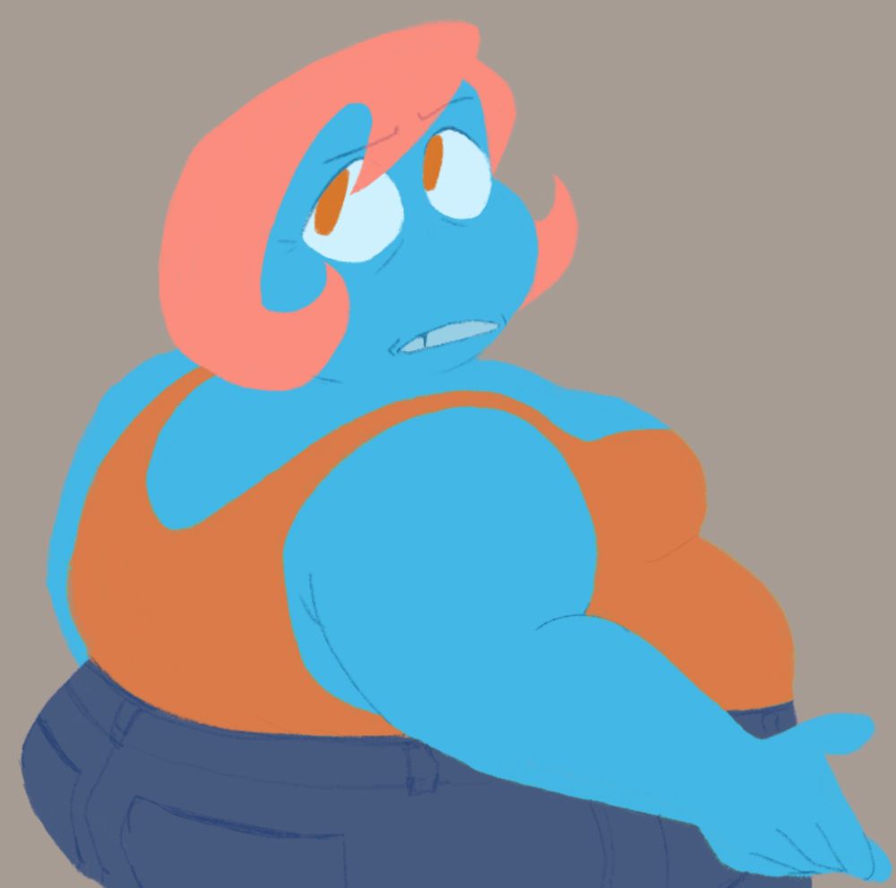 Tana again, body facing right, angled away but face is angled back. It has a “are you seeing this shit” kind of expression and its right arm and hand outstretched to emphasize. It’s wearing an orange tank tucked into form fitting jean shorts.