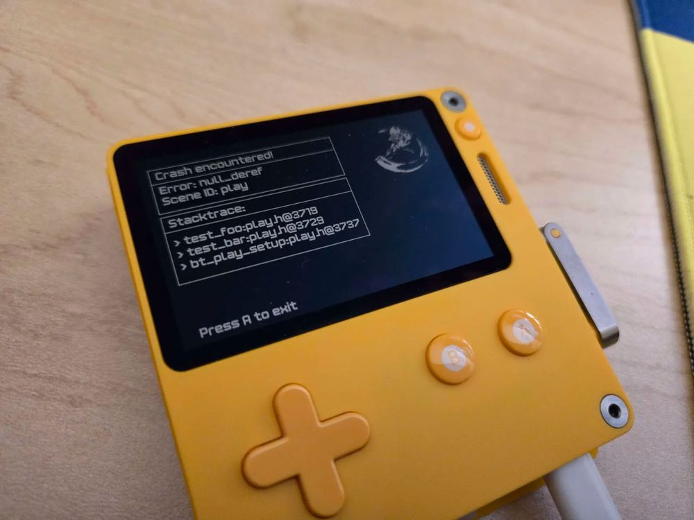 a playdate game console showing my custom stacktrace implementation for catching crashes more cleanly