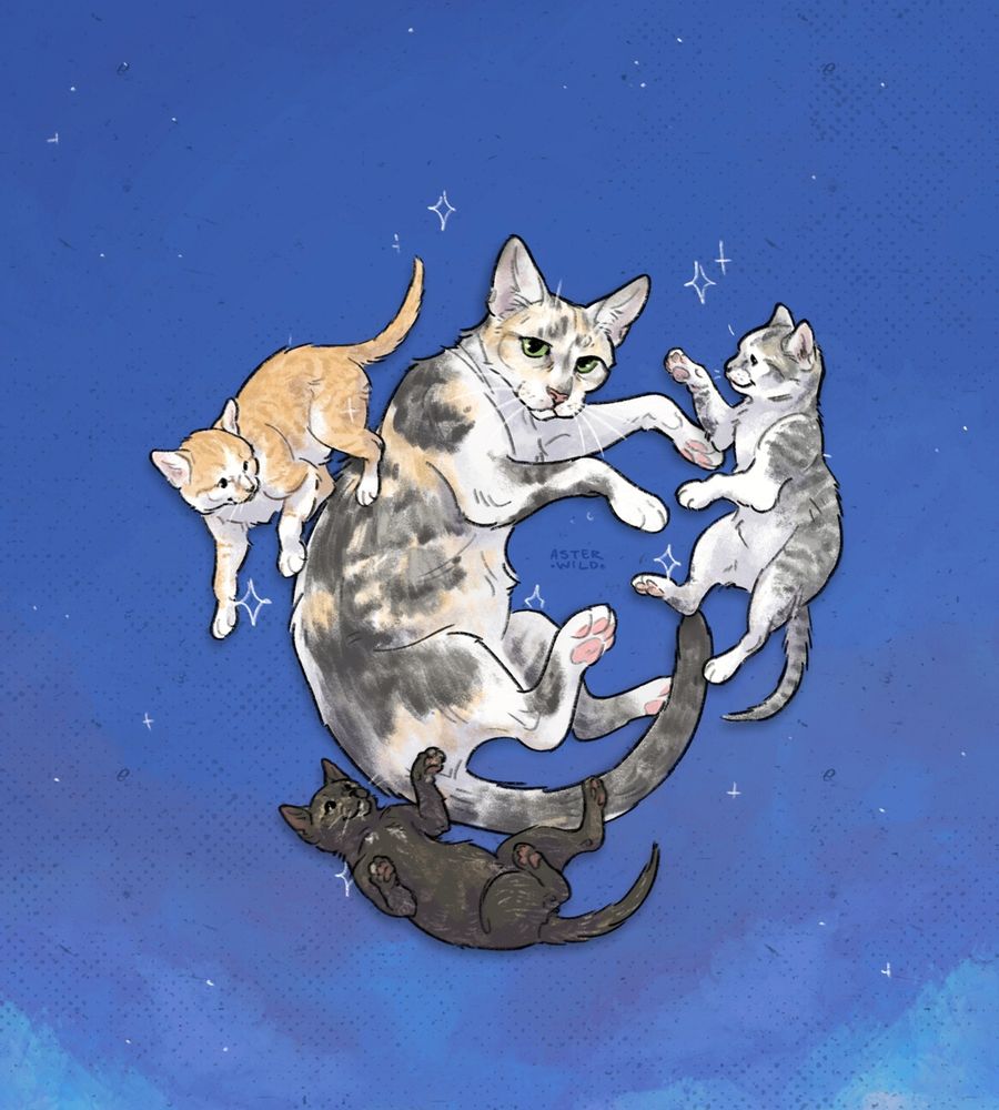Digital art of a calico cat floating against a blue starry background. Three kittens (an orange tabby, gray tabby, and tortoiseshell) are floating in a circle around her.