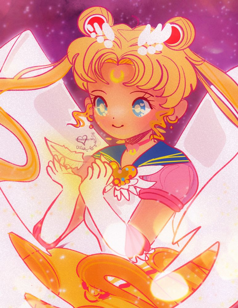 An illustration of Eternal Sailor Moon smiling sweetly with a white feather floating in her hands and her white "angel"-esque wings gently around her.