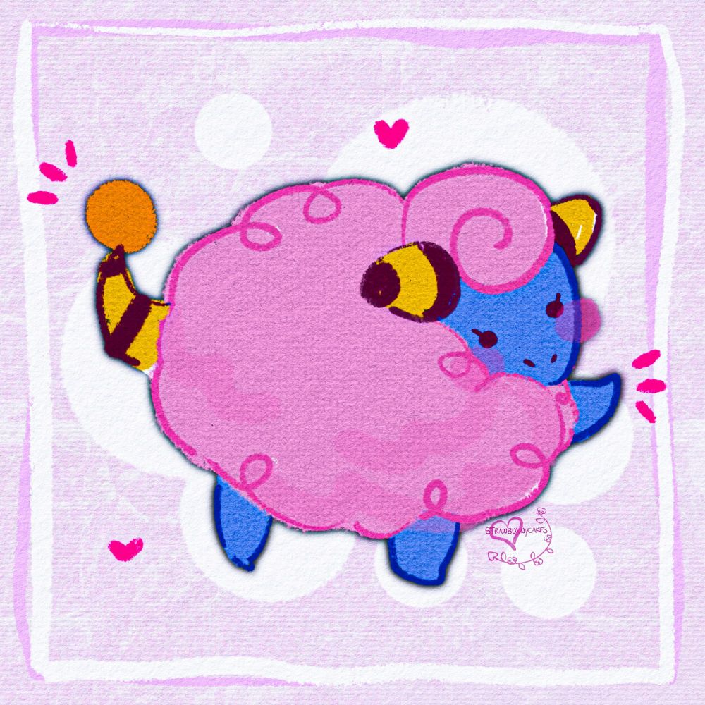 an illustration of a pink sheep stylized
Pokemon character, specifically the
character Mareep in its rare color
form. It's got a leg sticking up and
out, making it look like the Pokemon
is dancing. although its a digital art,
its done in an art style to resemble a
paper collage.