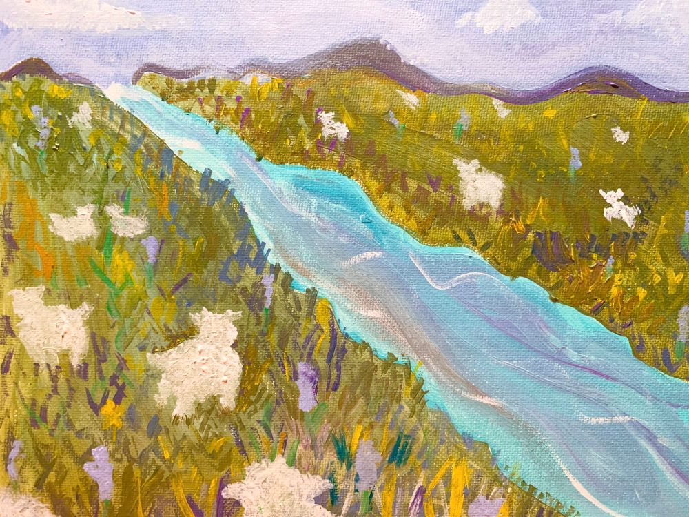 A stylized traditional painting of sheeps in a grassy field by a flowing water stream.