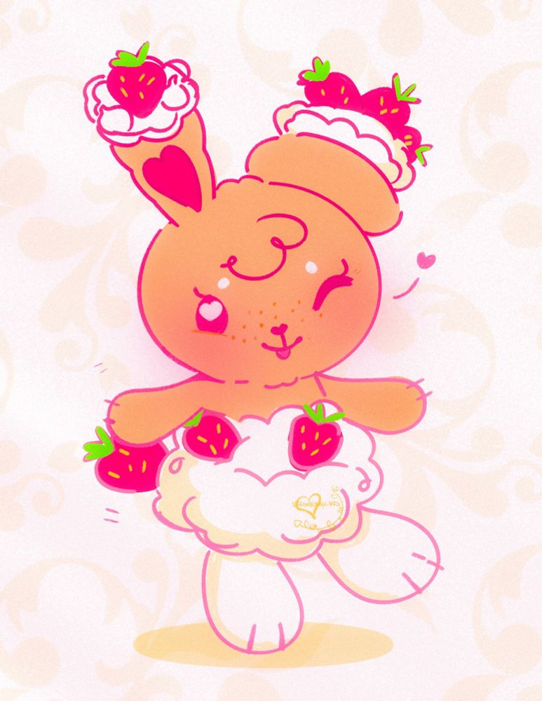 a stylized illustration of the bunny
Pokemon, Buneary, in a different,
originally designed "strawberry
shortcake" theme. the bunny has
one ear up and one squished down
with fluffy white icing and
strawberries on the ends, with the
same fluffy white icing and strawberry
combo patterning on its feet and
torso. the main body for the bunny
Pokemon is a light brown. its
smiling while seemingly dancing.
