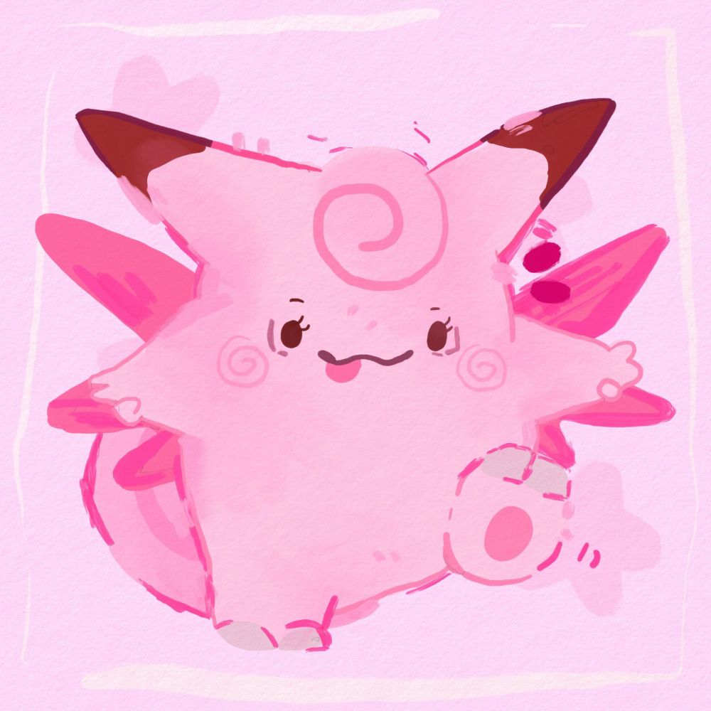 A stylized illustration of the round pink Pokemon, Clefable. The Pokemon has two horns with brown tips and big pink "wings" behind them.