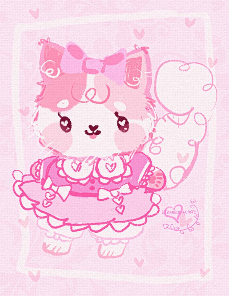 A loose, stylized illustration of a bipedal pink and white cat character in a frilly pink dress.