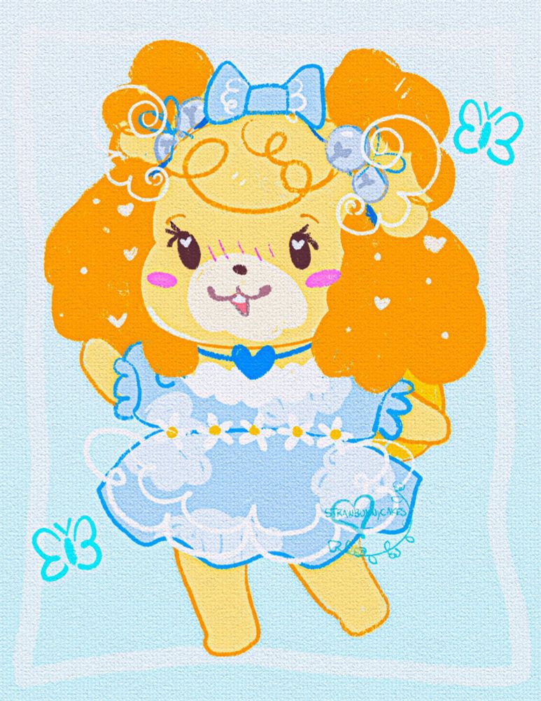 A stylized illustration of Isabelle from Animal Crossing (yellow/orange shih tzu dog character). She has her fur in two puffy and curly pigtail twin buns on the top and sides of her head, with her fluffy ears hanging down below, next to the sides of her face. She has two bells holding up each twin bun. She has curly bangs, with a blue bow on her head. She wears a baby blue/light blue dress with white clouds on it and white flowers around her waist. She wears a blue heart choker as well. She's drawn waving to the viewer. The background is a gradient light blue, with two butterflies on both of her sides.
