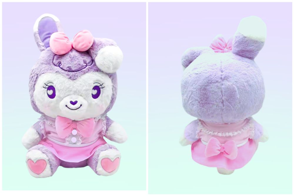 A front and back view of a bipedal mostly light purple and white bunny character plushie wearing a pink dress 