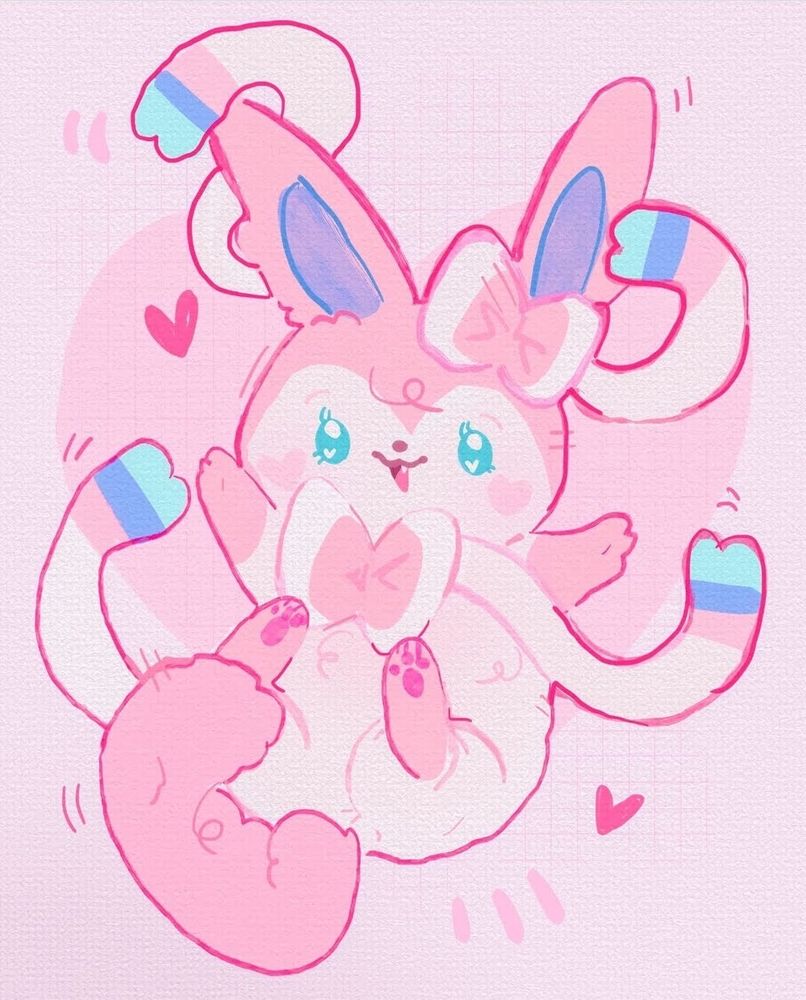 A stylized illustration of the Pokemon,
Sylveon. She is drawn in a more
chibi style with her arms and feet in
the air, with a big smile on her face
Background is light pink grid with a
darker pink heart behind her.