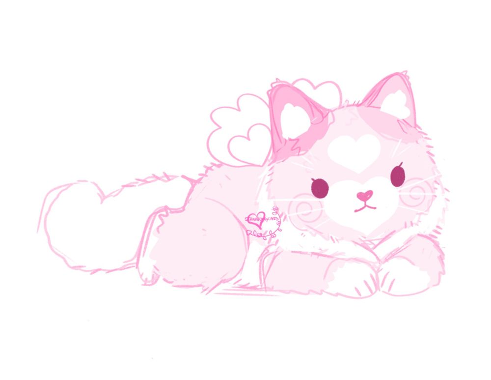 A stylized illustration of a pink and white color scheme cat plush design. The cat has a white tail, underside, paws, and neck fluff with the rest of them being various shades of pink. The cat  plushie design has two angel-inspired wings on its back.

The plushie design/cat character is in a laying down (on its tummy) position.