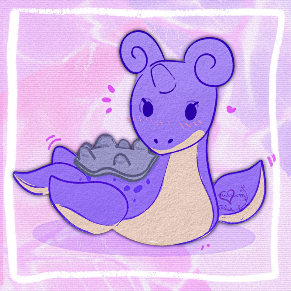 The sea creature Pokemon, Lapras, drawn as fanart in its purple "shiny" variant color form.