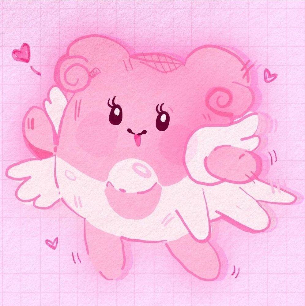 A stylized illustration of the pink and
white egg carrying Pokemon, Blissey,
waving with hearts next to her on a
pink background.