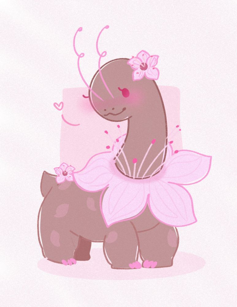 A stylized illustration of the dinosaur Pokemon with a long neck and flower around the base of the long neck, Meganium. The styling of Meganium is a little different, with a muted brown body and pink sakura flower around the base of it's neck instead of the typical color scheme this Pokemon has. The two antennae on it's head are pink and curled, with smaller sakura flowers on it's back and on the side of its head.