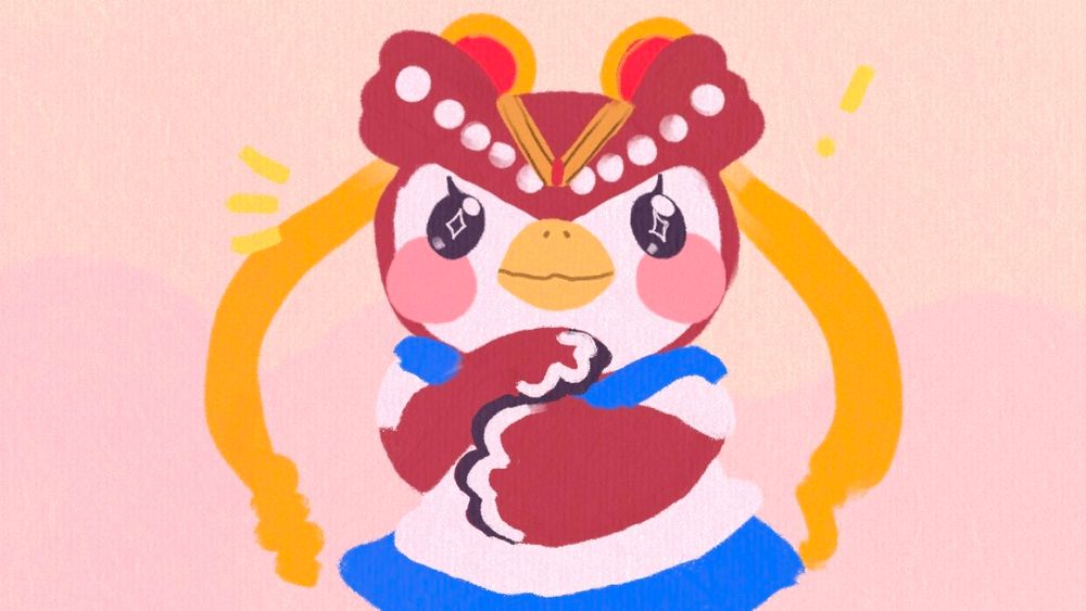 The red owl Celeste from Animal Crossing in Sailor Moon's signature uniform, drawn loosely