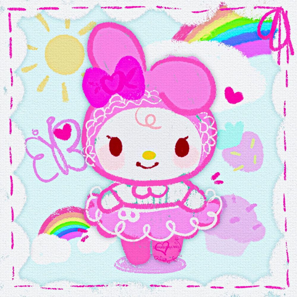 a doodle with a crayon style to it of
My Melody, the white fur pink hood
wearing Sanrio bunny character in
a pink dress with a white blouse
surrounded by rainbows, a butterfly, a
strawberry, and a cupcake.