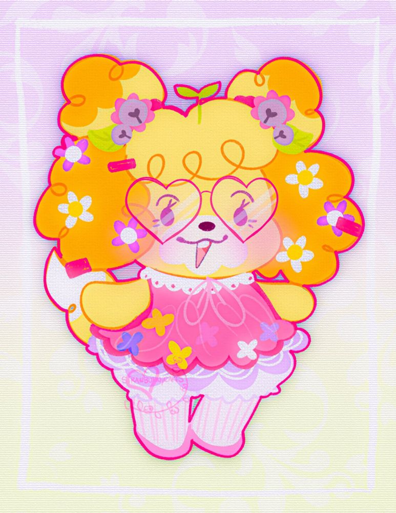 A stylized illustration of the bipedal orange and yellow dog shih Tzu character from Animal Crossing, Isabelle. She's wearing her "hair" in two curly and puffy twin buns on the sides of her head above her ears. Her bangs are also more poofy and curly as wel as her ears that hang down. She has white and purple flower ornaments decorating her ears. Her buns are held in scrunchies with her bell adornments but they're decorated as flowers and leaves. There's a green sprout also sticking up out of the top of her head. Her dress is a medium-hue shade of pink with white lace trim around her neck. There are multi-color flowers on her dress with light purple and white fluffy petticoats sticking out of the bottom with white bloomers. Additionally, she has light pink stockings with saturated pink flats and is wearing hot pink heart-shaped glasses. Background is a gradient purple/ green/yellow with a transparent white floral repeating design.