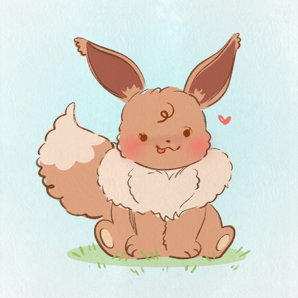 A stylized illustration of the brown fox-ish inspired Pokemon, Eevee, sitting up with a smile on his face and his tongue sticking out in a silly manner. He sits on a patch of green grass with a very muted, lisht blue sky background behind him.