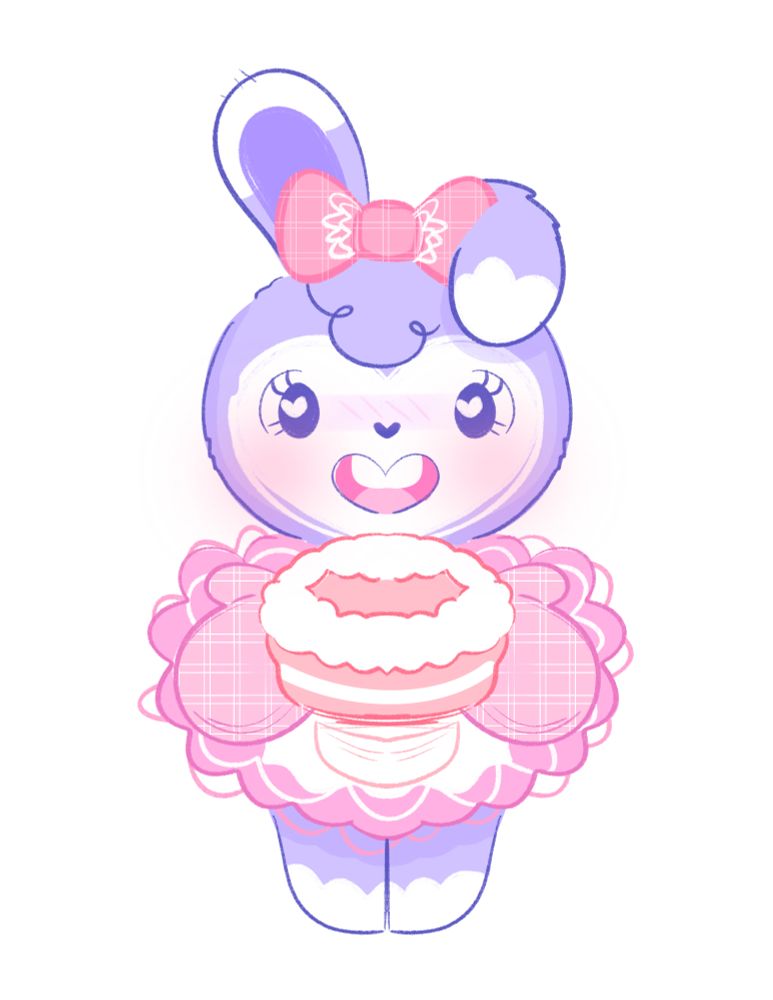 A stylized loose illustration of a mostly purple and a little bit of white bipedal bunny character with one ear drooping over her forehead with the other sticking up. She's wearing a frilly pink dress and matching bow on her head with an apron and oven mits. In her hands she's holding out a cake to the viewer with a big smile on her face.