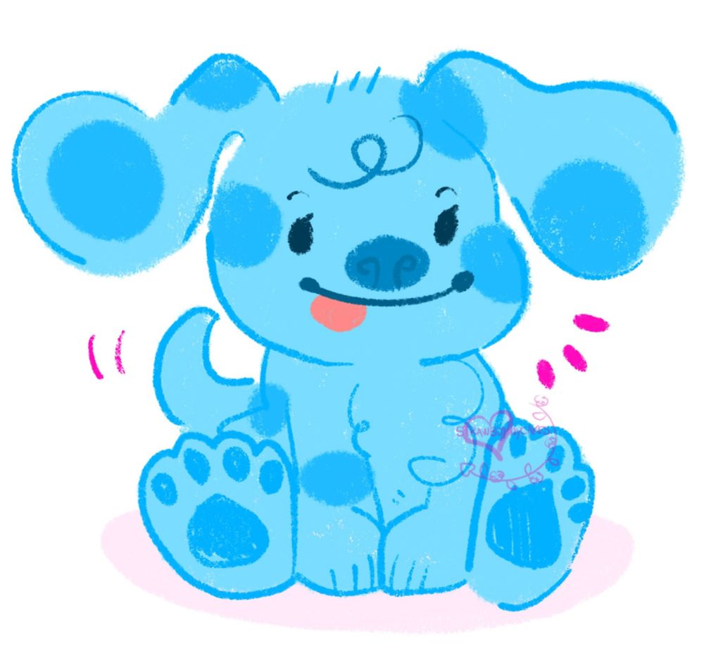 Blues Clues dog (blue dog with blue spots and long ears) sitting down with her tail wagging, a big s smile on her face, and her tongue sticking out.