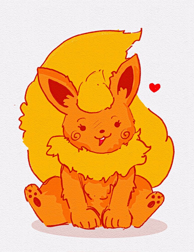 A stylized illustration of Flareon sitting up with its bottom paw pads out. It's smiling with a small red heart next to its head.