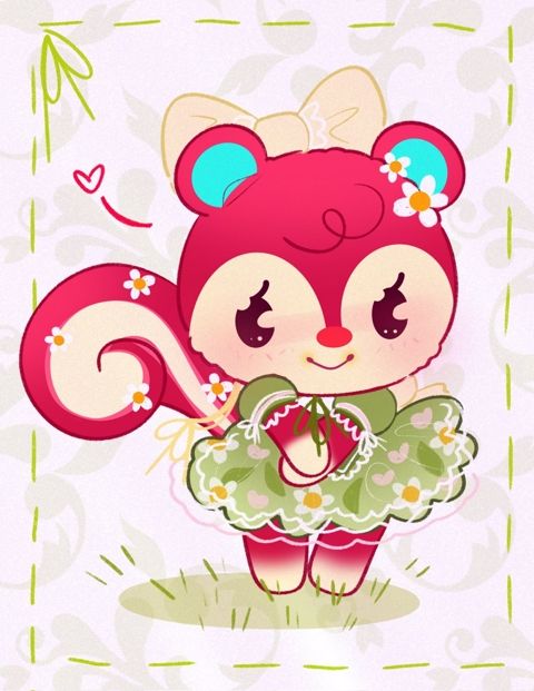 A stylized illustration of the bipedal
red and light cream cutesy squirrel
villager character from Animal
Crossing, Poppy. She's wearing a
muted light olive green dress with
flowers and leaf designs on the
bottom part of it. She wears a light
cream color bow on her head with
flowers on her ear. She's posing
sweetly with her arms giving off a
shy kind of feeling to the mood of the
piece

background is very light green
Victorian flower patterns as she
stands on a small patch of grass.
The border is a stitch pattern with a
little bow in the top left corner of the
canvas.