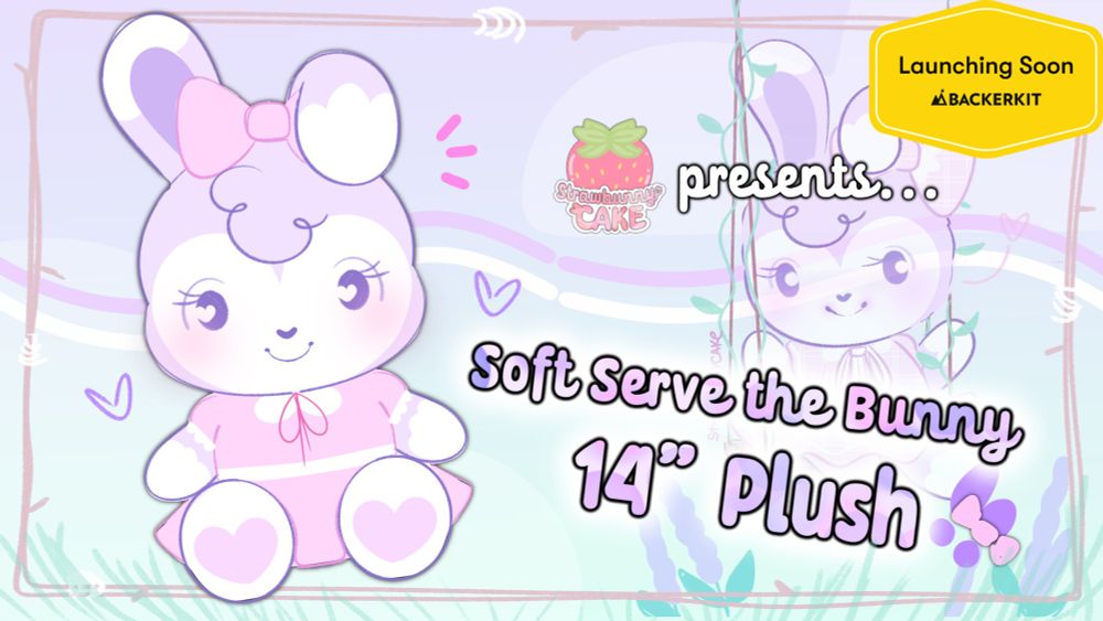 A graphic featuring and advertising a purple and white bunny plushie that will be on Backerkit.