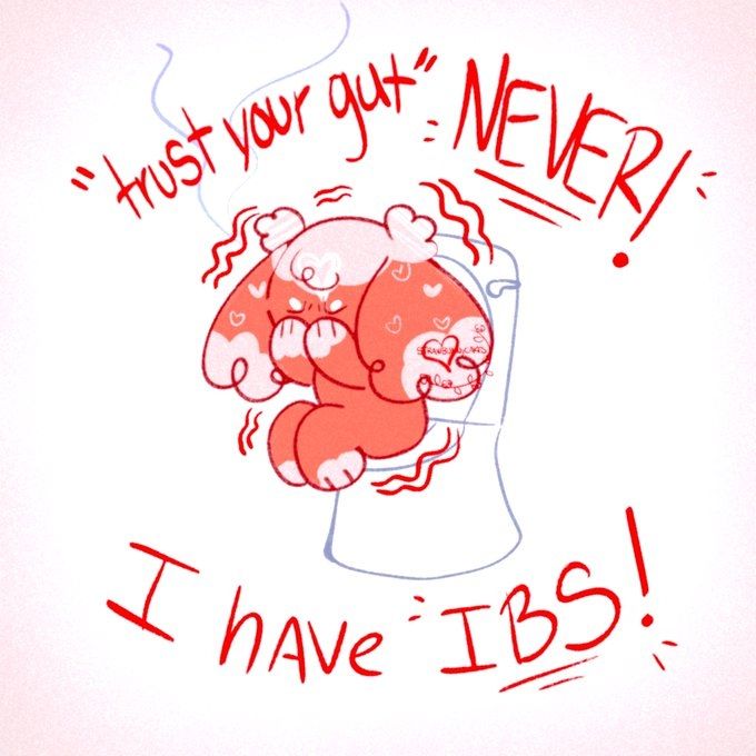 A stylized illustration of a brown lop-bunny with light beige ear tips on a toilet, covering their face and shaking. Text around the drawing reads, "'trust your gut' NEVER! I have IBS!"