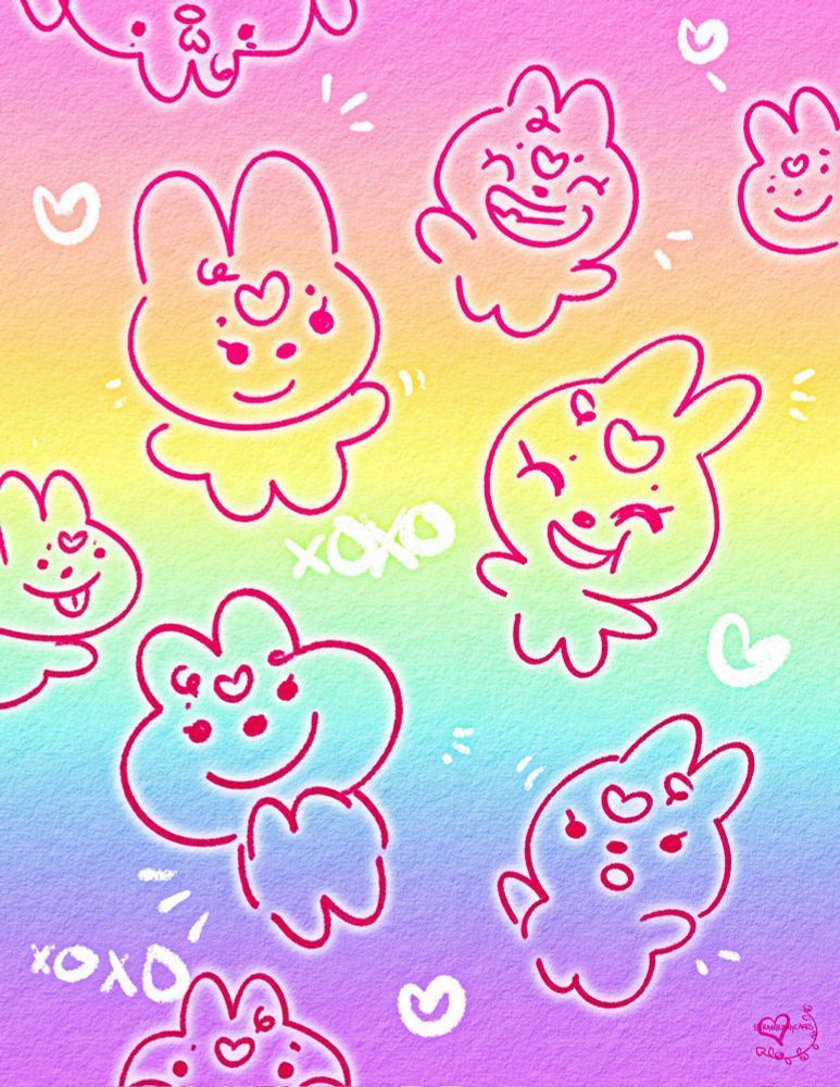 several loose doodle sketches of a very simplistic bipedal stylized bunny character done with a pink digital brush and a rainbow pattern for the background.