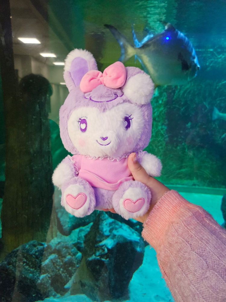 A purple bunny plush in front of an aquarium