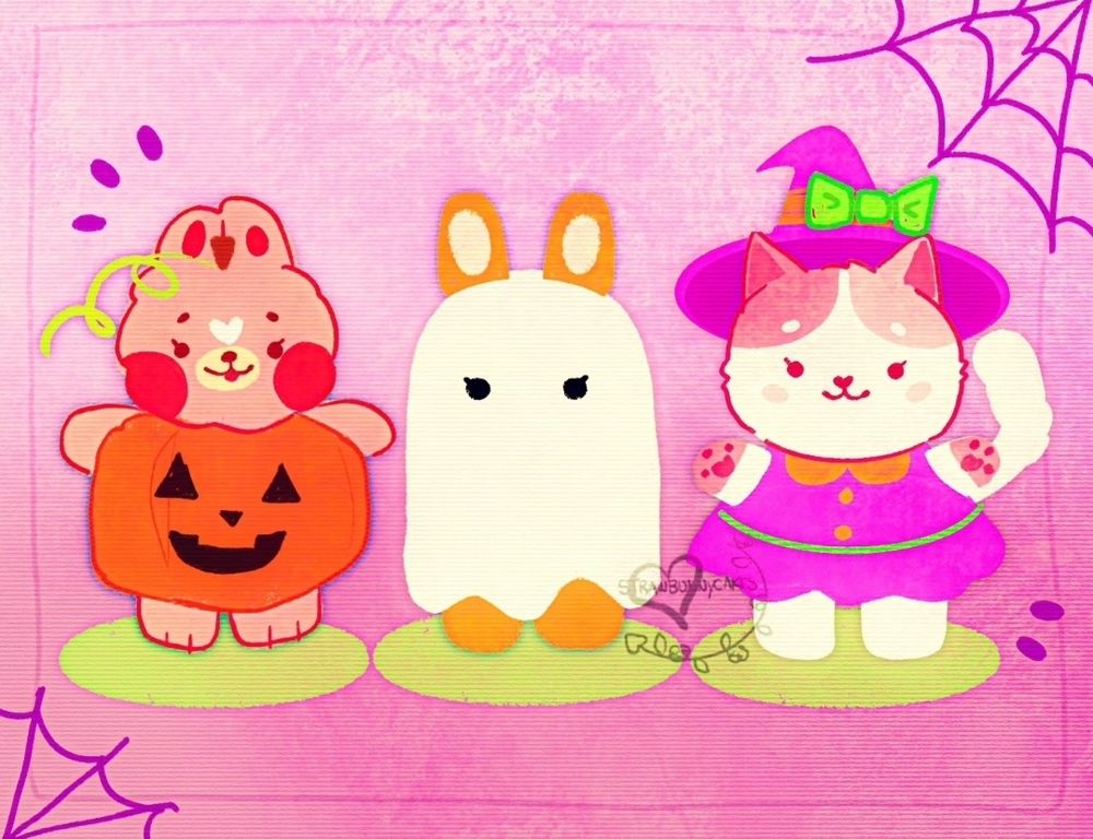 A stylized illustration for Halloween. Featuring a bunny as a pumpkin, an another bunny as a sheet ghost, and a pink style calico cat character as a witch. They're on a background of gradient purple with spider webs in the corners, and a green shadow below each character.