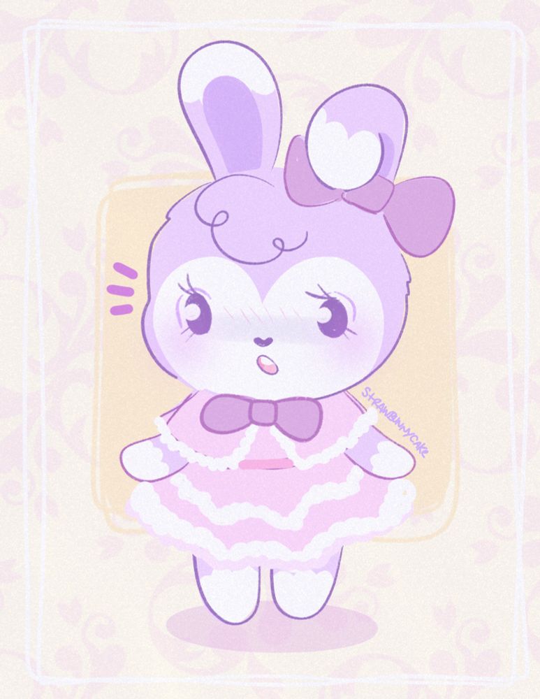 A stylized illustration of a bipedal mostly light purple and white bunny character with a light purple/pink dress and shawl, a surprised yet cute look on her facial expression.