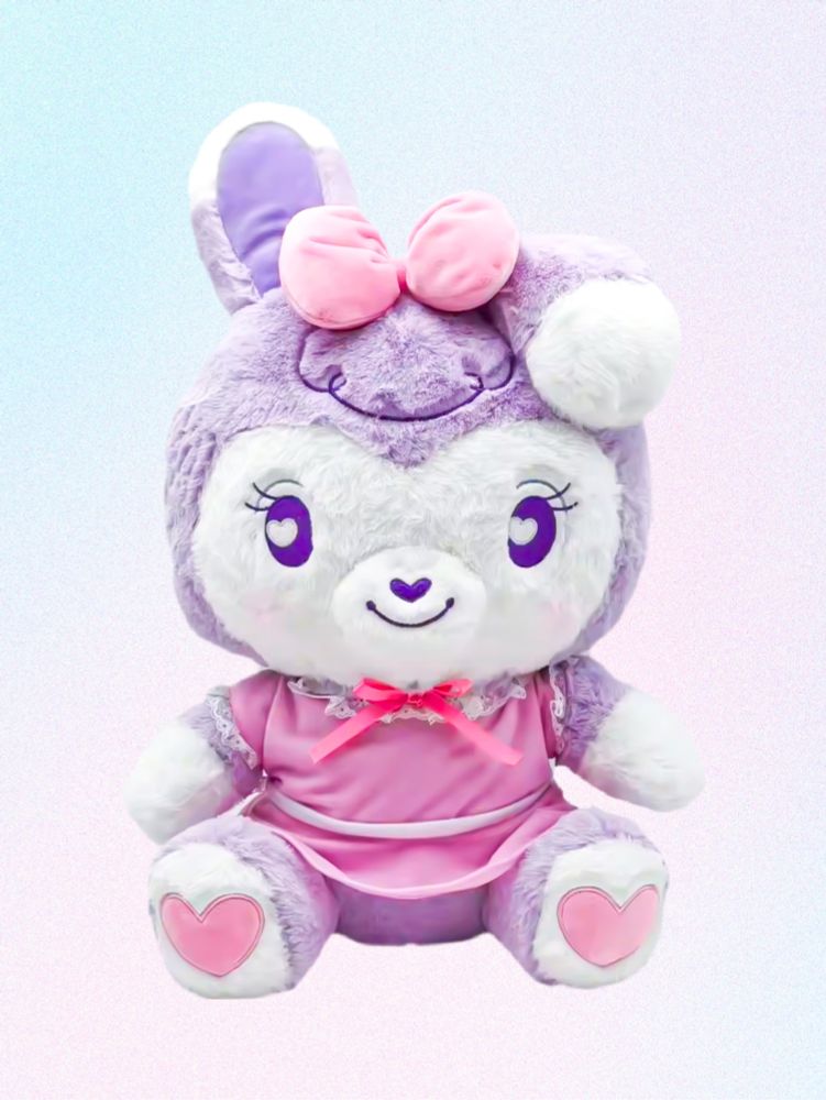 A stylized bipedal mostly purple and white plushie of a bunny wearing a pink dress and matching bow with deep purple eyes and pink hearts on the bottom of her feet.