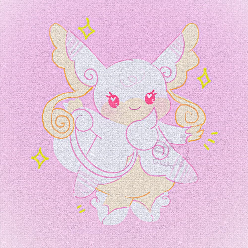 A stylized illustration of the Pokemon Mega Audino on a pink background. She has a yellow body with a white fluffy cape accessory on her, and white feet.