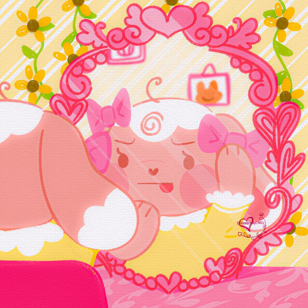 A stylized illustration of a bipedal mostly light beige lop bunny with yellow dress. She's looking in a pink ornate mirror and putting on a bow above her ear, seemingly concentrated on doing so.