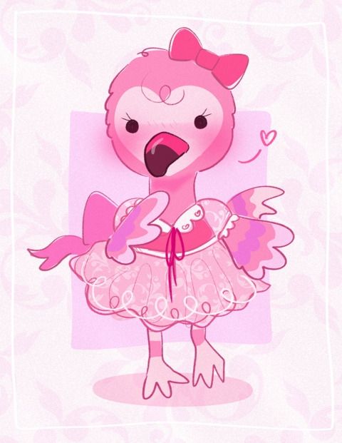 A stylized illustration of the pink "flamingo"/ostrich bipedal character from Animal Crossing, Flora. She is drawn wearing a pink blouse, muted baby pink skirt with a flower pattern on it, and a saturated pink bow accessory/decoration on the top of her head.