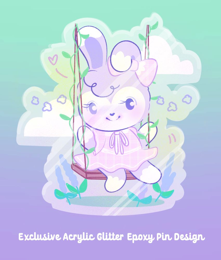 A preliminary design for a glittery pin featuring a bipedal stylized purple bunny swinging on a swing.
