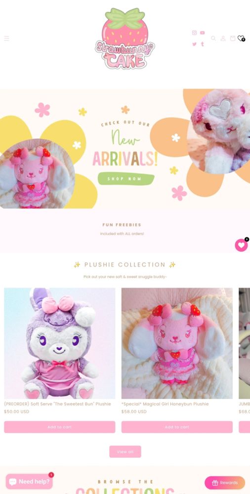 A screenshot of a very pink themed online plushie store, StrawbunnyCake.