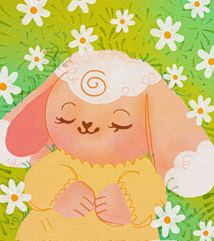 A stylized watercolor illustration of a beige/white lop-bunny sleeping in a green field of white daisy flowers. The bunny shown is wearing a yellow nightgown.