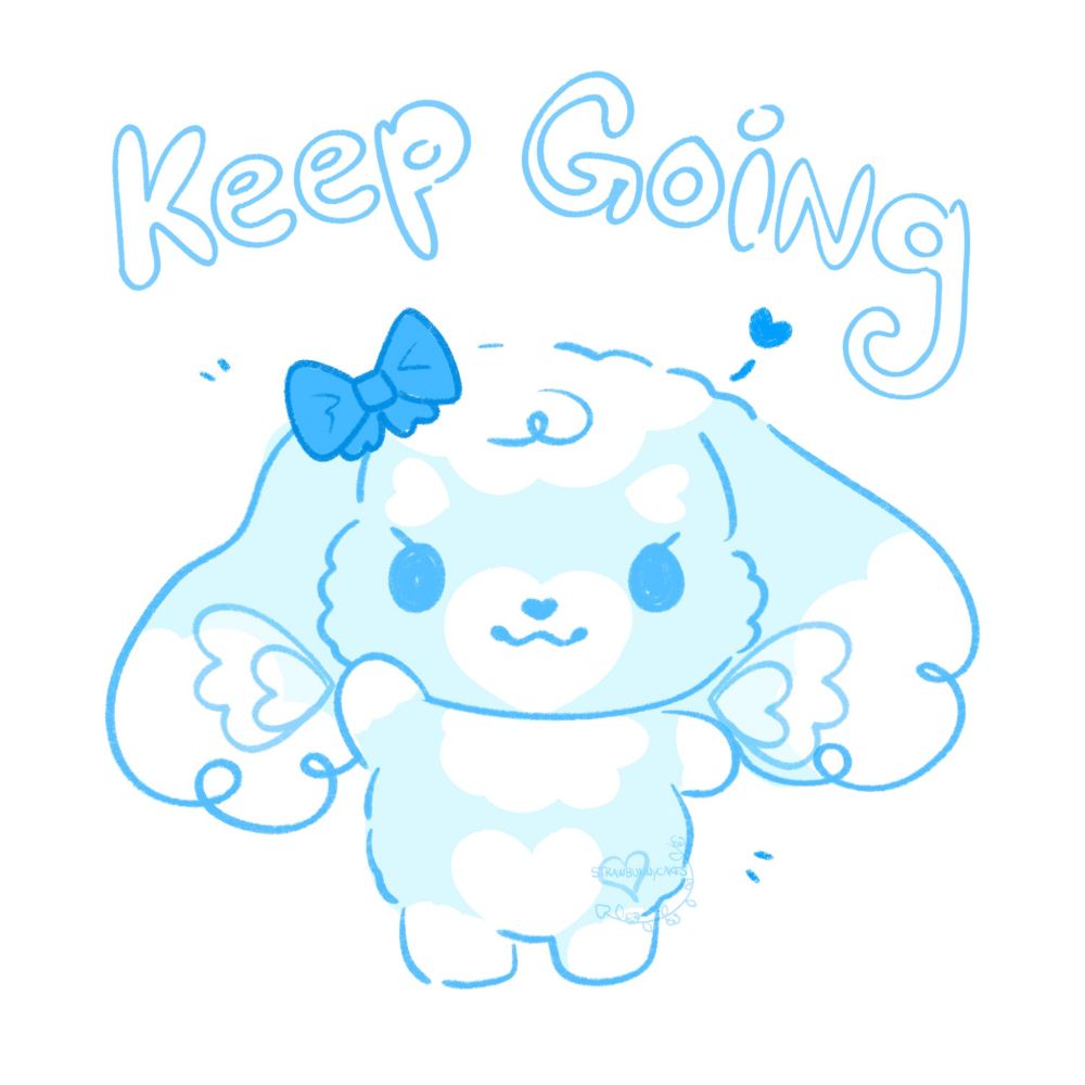 A stylized illustration of a light blue and white bipedal lop-bunny character with transparent wings waving. The bunny is wearing a darker blue bow on her head. Text above her reads, "Keep Going".