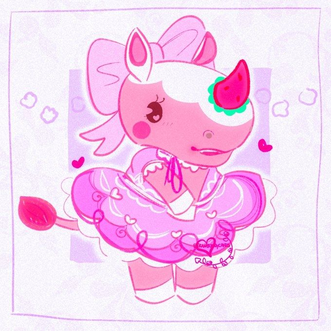 a stylized illustration of a pink bipedal rhino character from Animal Crossing: Merengue. Her horn is in the style of a strawberry and in this art she wears a puffy pink dress and matching bow on the back of her head.