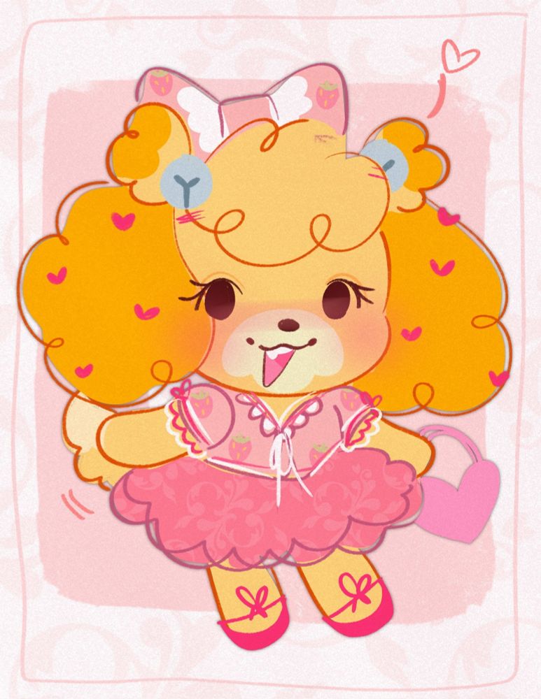 A stylized illustration of the bipedal orange and yellow shih Tzu dog character from Animal Crossing, Isabelle.

She wears a muted pink strawberry theme outfit. Her blouse is a lighter pink with strawberries and the skirt is a slightly darker muted pink skirt with flower patterning on it.

She is smiling brightly while holding a pink heart-shaped purse.
Her ears are especially fluffy and she has her "hair"/fur in two twin buns above each of her curly, floppy ears.

Background is white with a small very light pink rectangle behind Isabelle herself and an even more light pink floral pattern behind everything.
