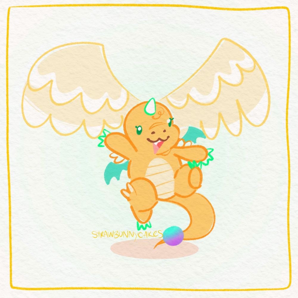 A stylized chibi illustration of the orange "dinosaur/dragon" Pokemon, Dragonite, in its mega evolution form with big wings on top of its head.