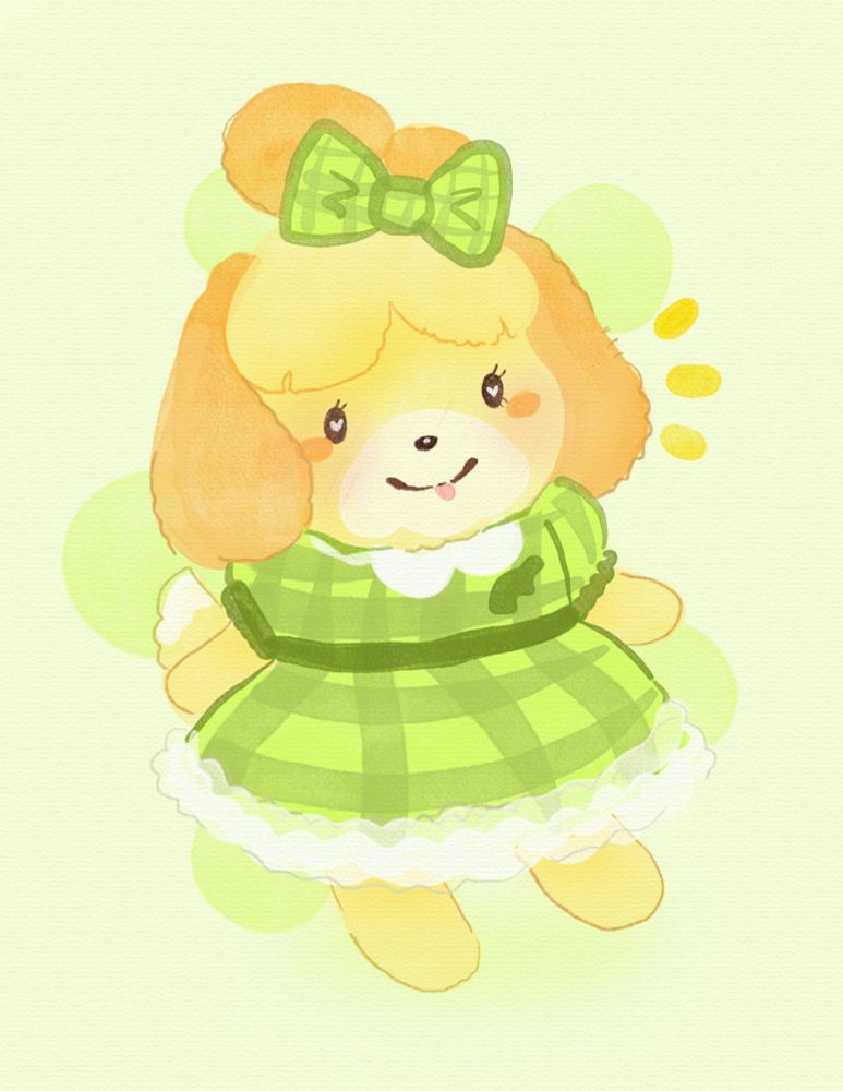 A stylized illustration of a bipedal mostly light yellow and orange dog character, Isabelle from Animal Crossing, wearing a plaid green dress.
