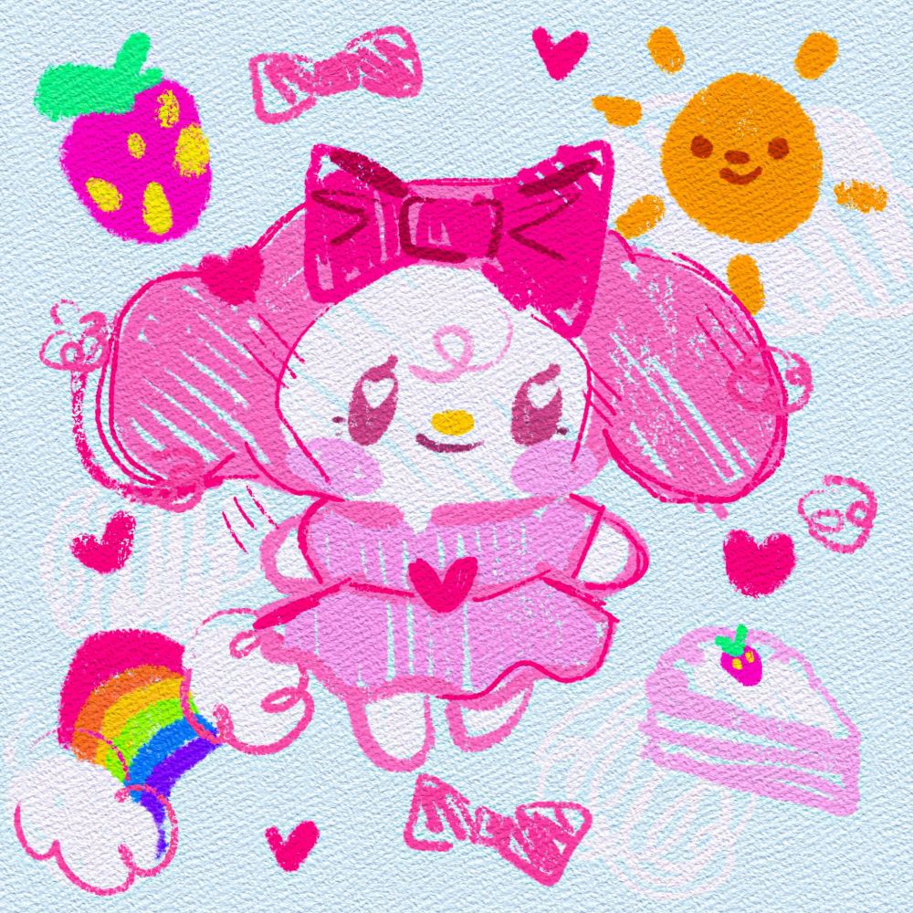 A stylized fanart illustration of the white and pink Sanrio character, My Melody, surrounded by happy things such as rainbows, a smiling sun, and cake.