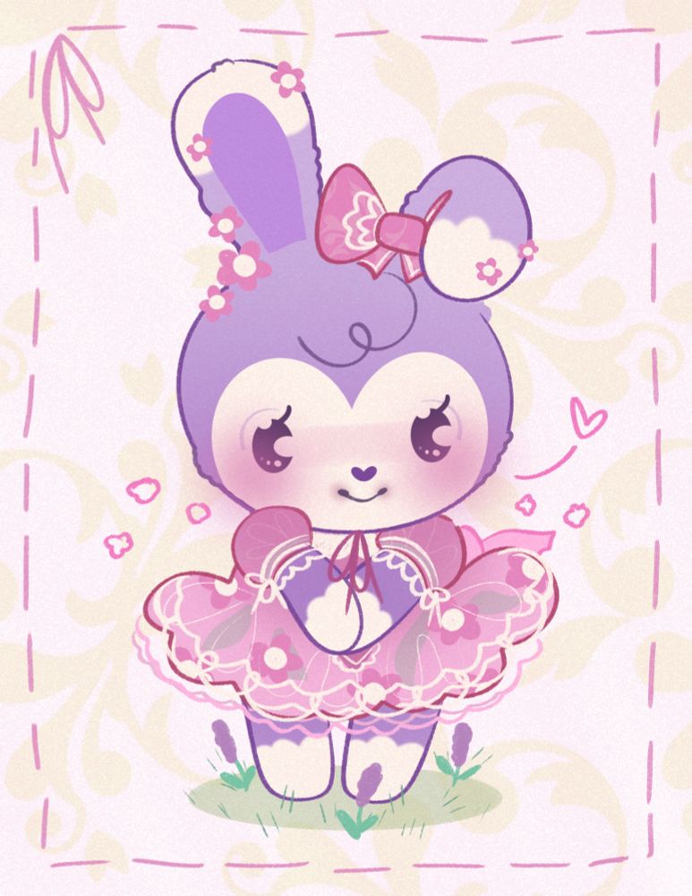 A stylized illustration of a bipedal purple and light cream/white cutesy bunny character with one ear sticking up and the other folded over down on her forehead a bit. She's wearing a muted pink dress with flowers and leaf designs on the bottom part of it. She wears a pink color bow on her head with flowers on her ear. She's posing sweetly with her arms giving off a shy kind of feeling to the mood of the piece.

background is very light yellow Victorian flower patterns as she stands on a small patch of grass. The border is a light pink stitch pattern with a little bow in the top left corner of the canvas.