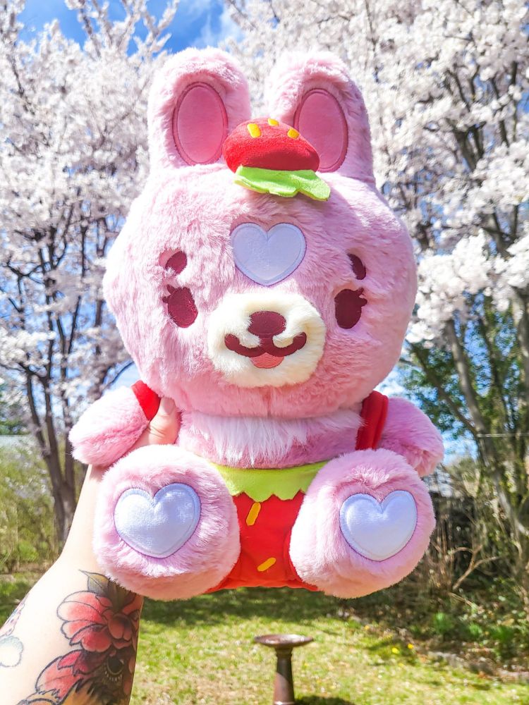 a strawberry themed bunny plushie