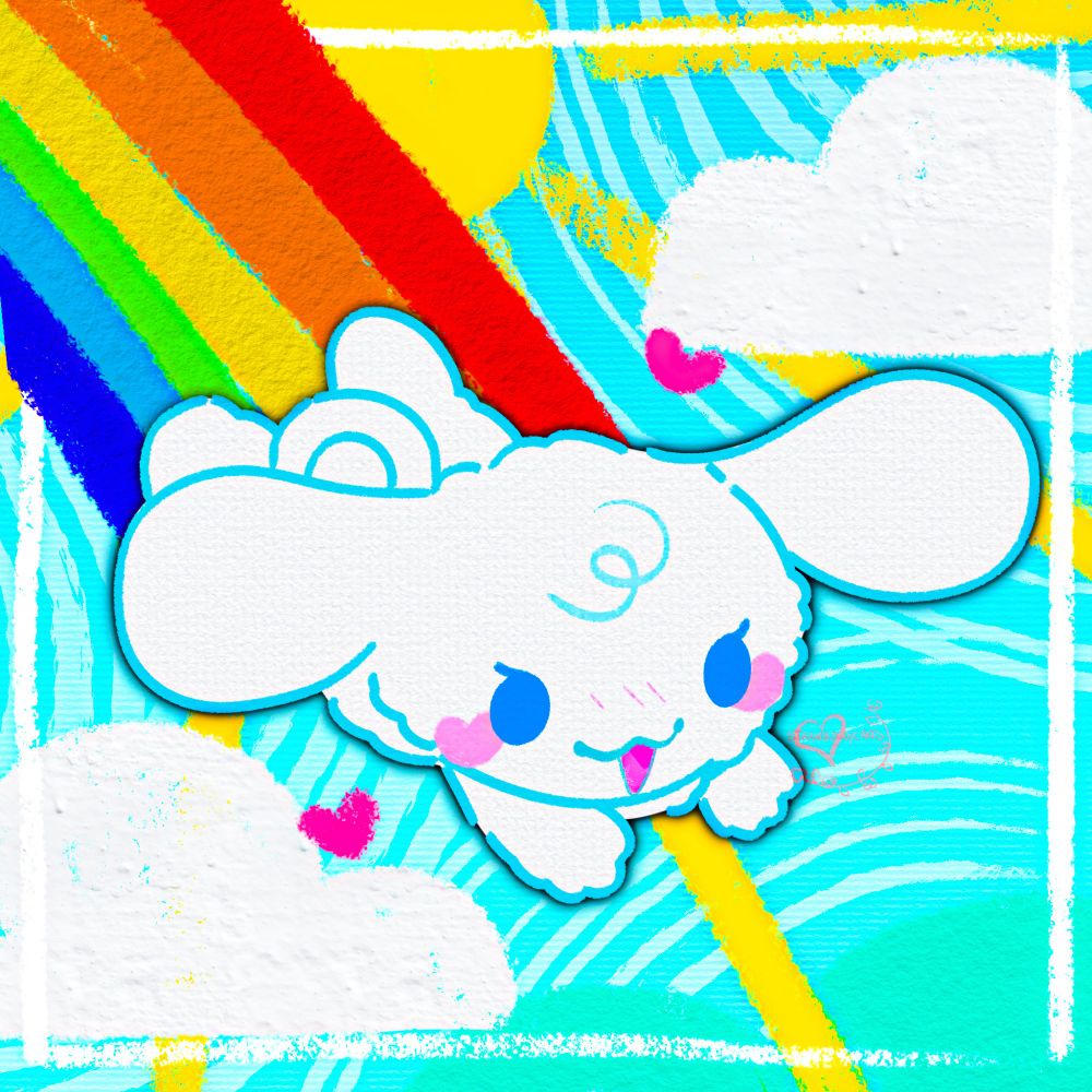 A stylized illustration of the white bipedal Sanrio dog character with blue eyes and long floppy ears, Cinnamoroll. He's flying down a rainbow in front of a blue sky, white clouds, and a golden Sun in the top left corner.